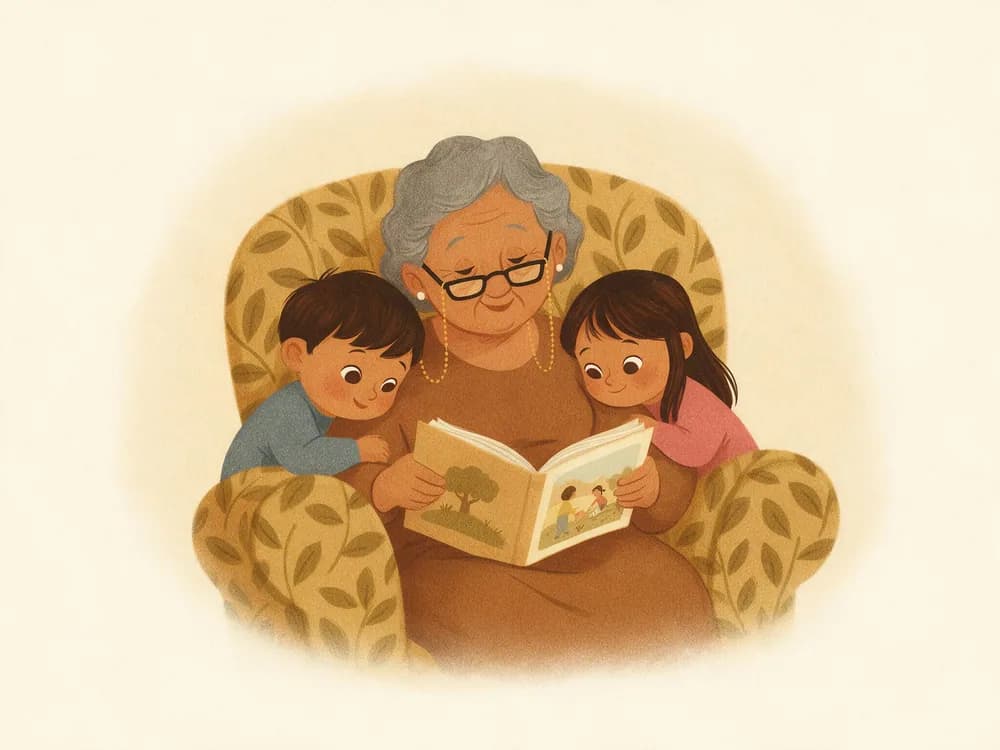 A grandmother reads to her two grandchildren in a big armchair.