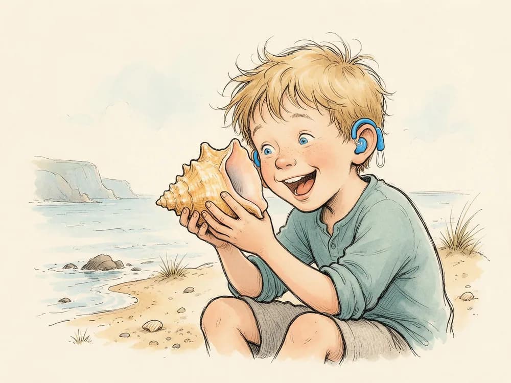 A freckled boy with blue hearing aids listens to a seashell.