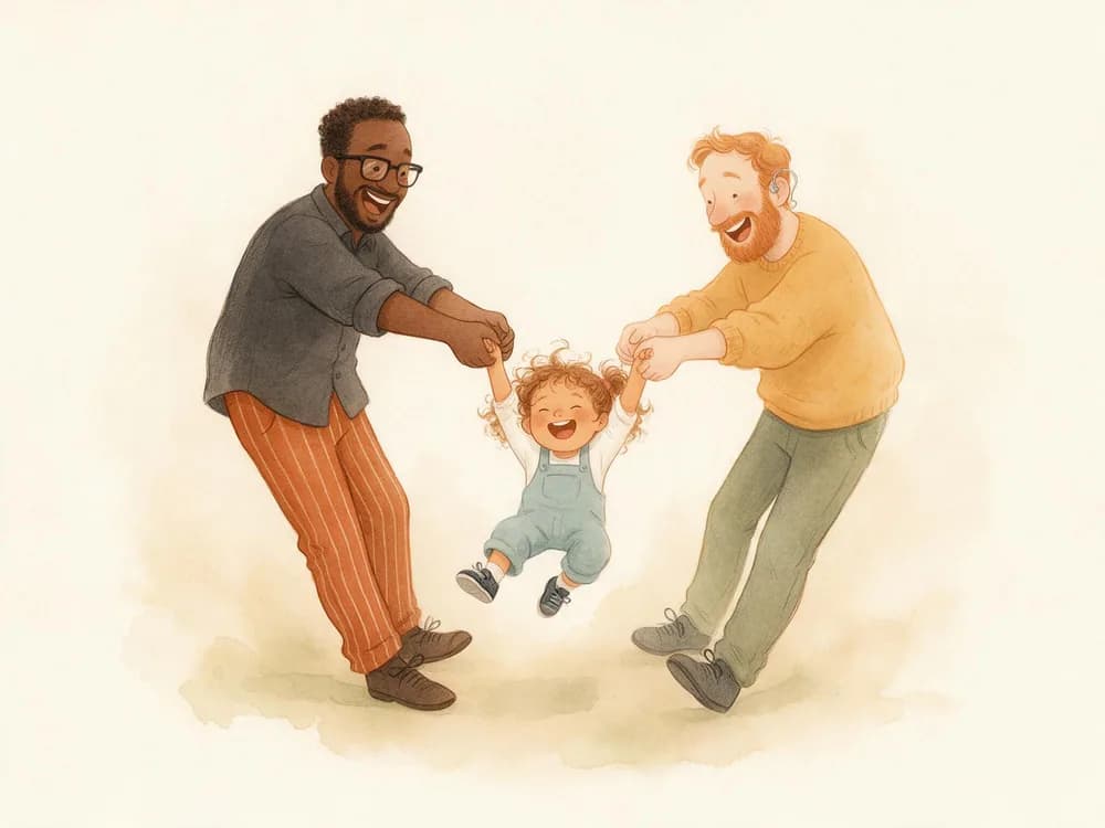 Two dads swing their laughing daughter between them.