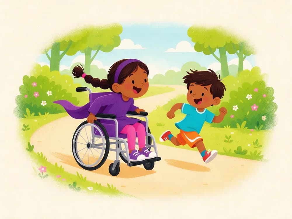 A girl in a purple wheelchair races her little brother down a park path.