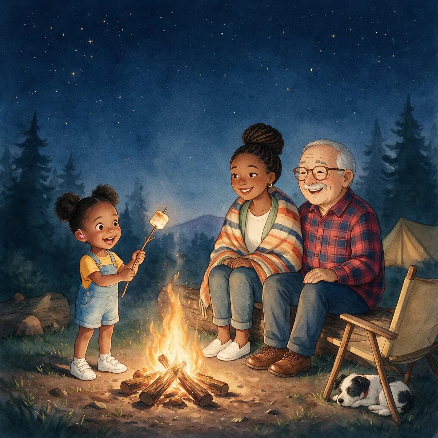 The campfire page: Amara toasts a marshmallow beside Mom and Grandpa Luis.