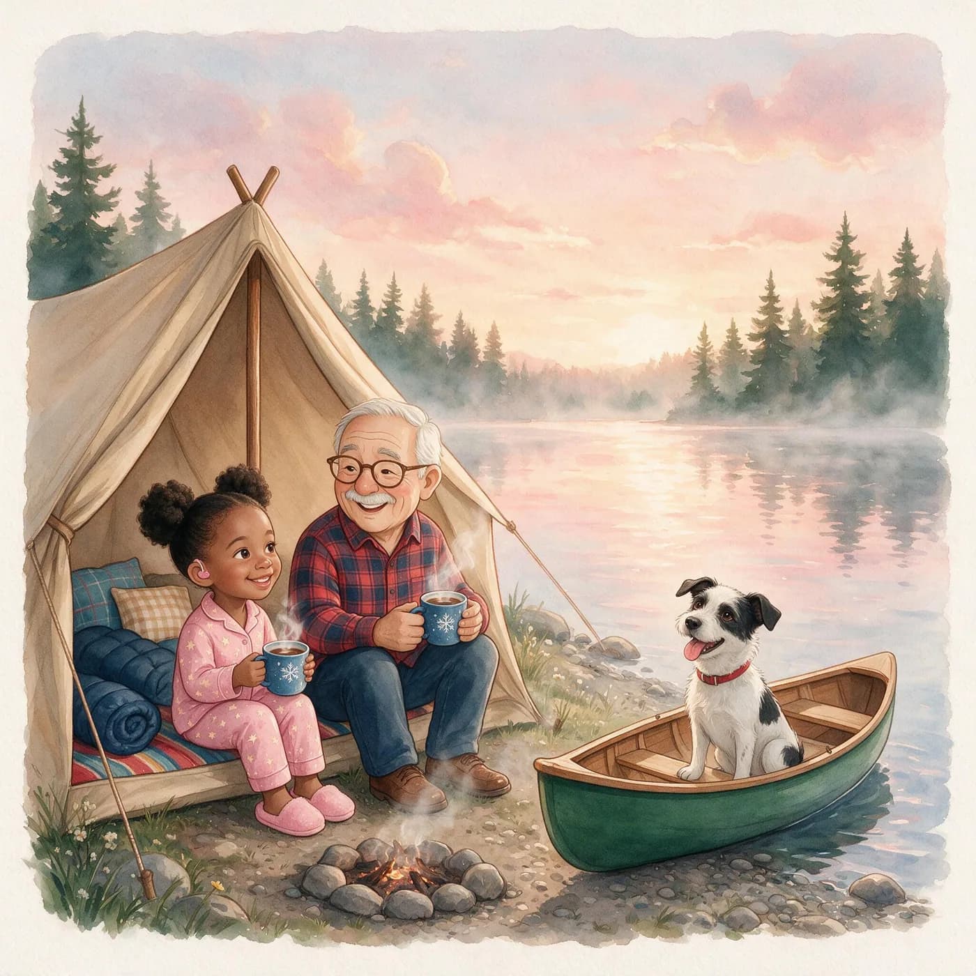 The last page of the sample book: Amara and Grandpa Luis share cocoa at sunrise; Pepper sits in the canoe.