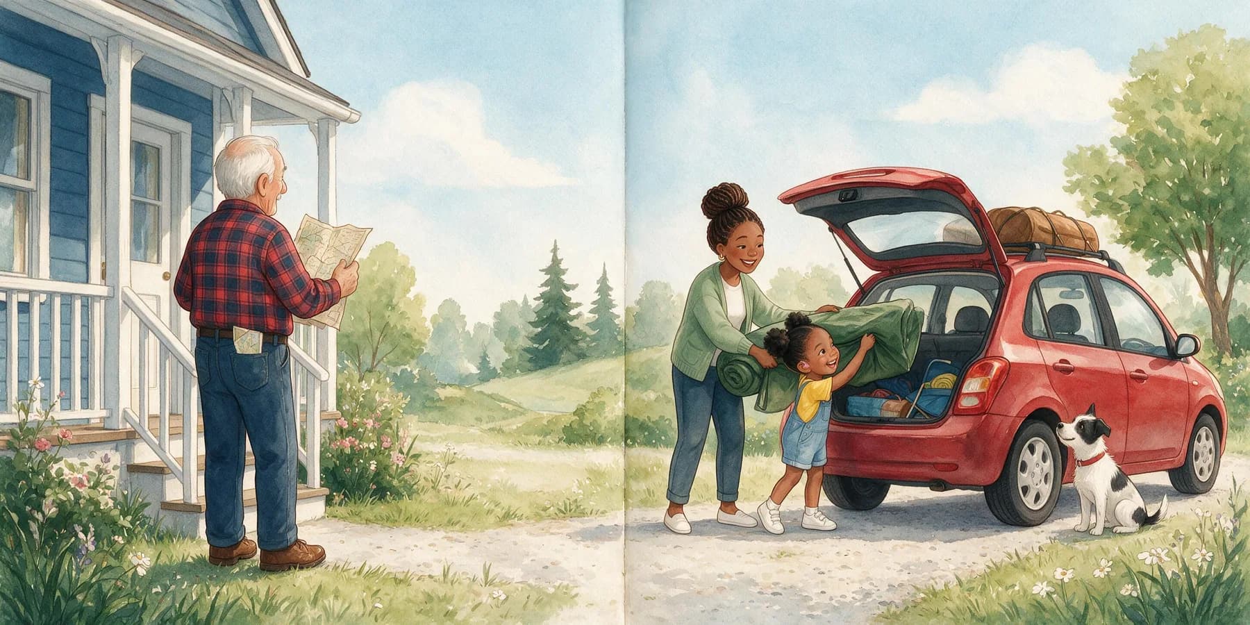 Morning in front of a small blue house. Grandpa Luis stands on the porch step reading an old, very folded sheet of paper, seen from the back. Mom and Amara load a rolled-up tent into the open trunk of a little red car. Pepper sits beside the car, watching.