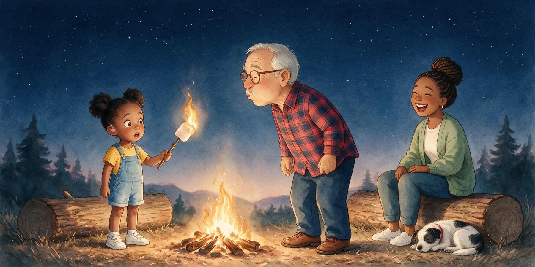 Night at the campfire under a sky full of stars. Amara's marshmallow, on a short stick held in one hand, has caught fire, and Amara's eyes are wide. Grandpa Luis leans in with his cheeks puffed, blowing it out. Mom laughs on a log. Pepper sleeps beside the log.