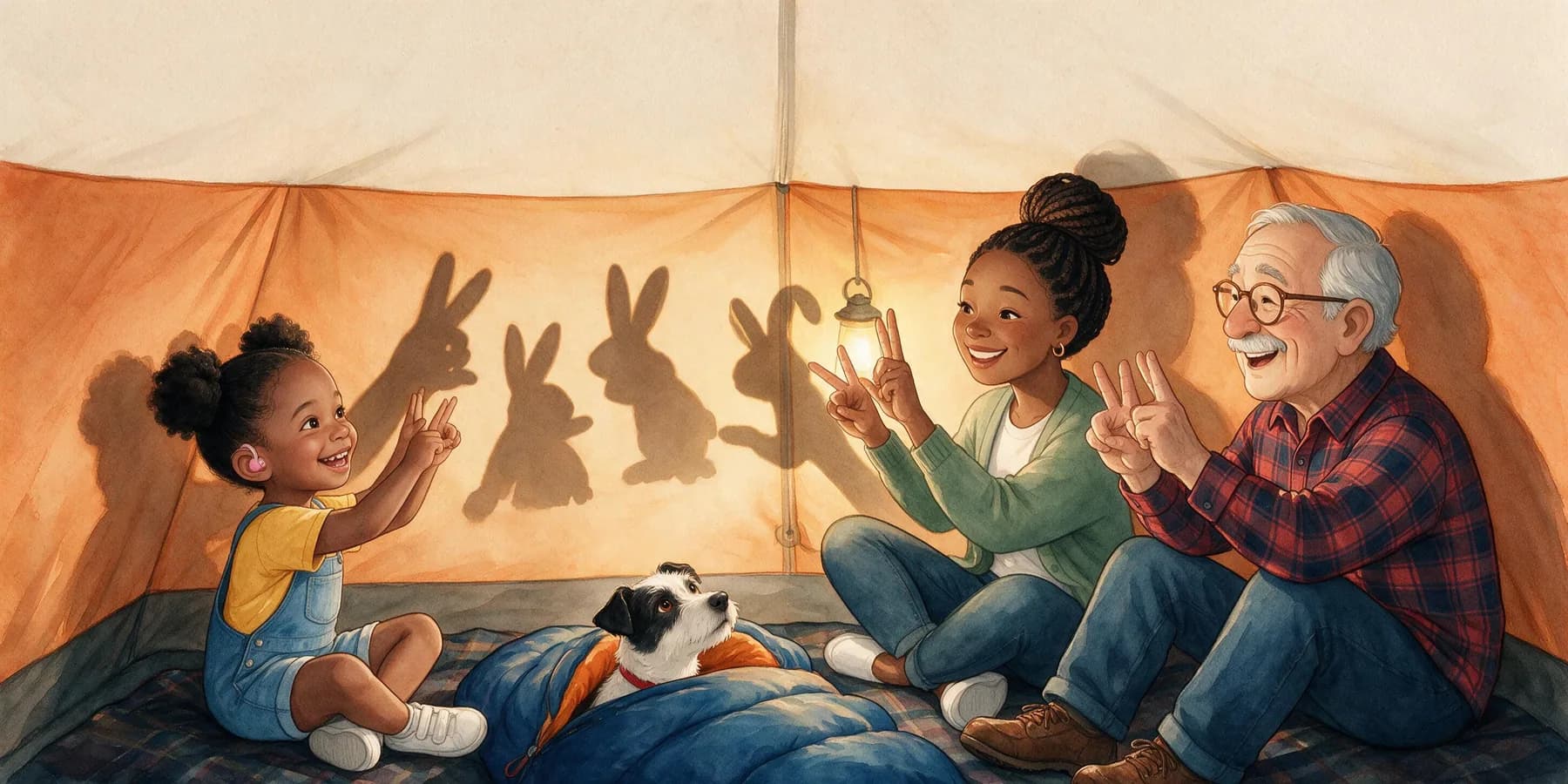 Inside the orange tent at night, lit by a lantern. On the tent wall, four shadow bunnies sit in a row, the last one with a floppy ear. Grandpa Luis, Mom and Amara hold their hands up making them. Pepper's head peeks out of the opening of a sleeping bag at the foot of the tent.