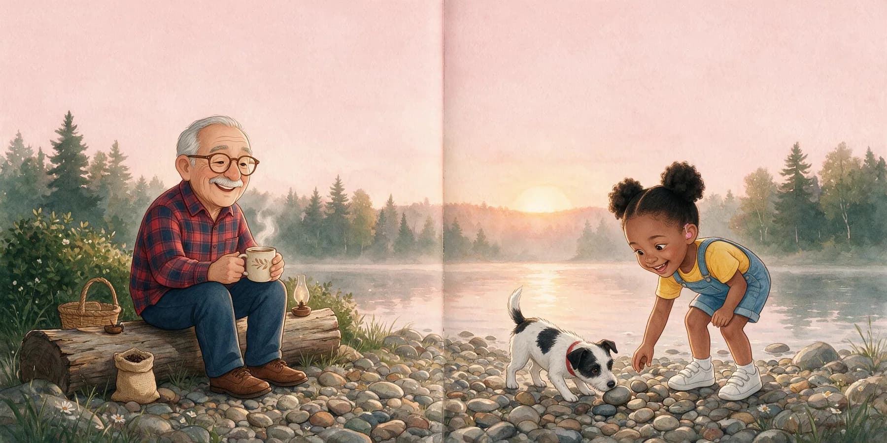 A misty pink sunrise over the lake. Grandpa Luis sits on a log holding a mug of coffee. Amara, at the shore, bends over the pebbles searching for the flattest stone. Pepper sniffs the pebbles beside Amara.