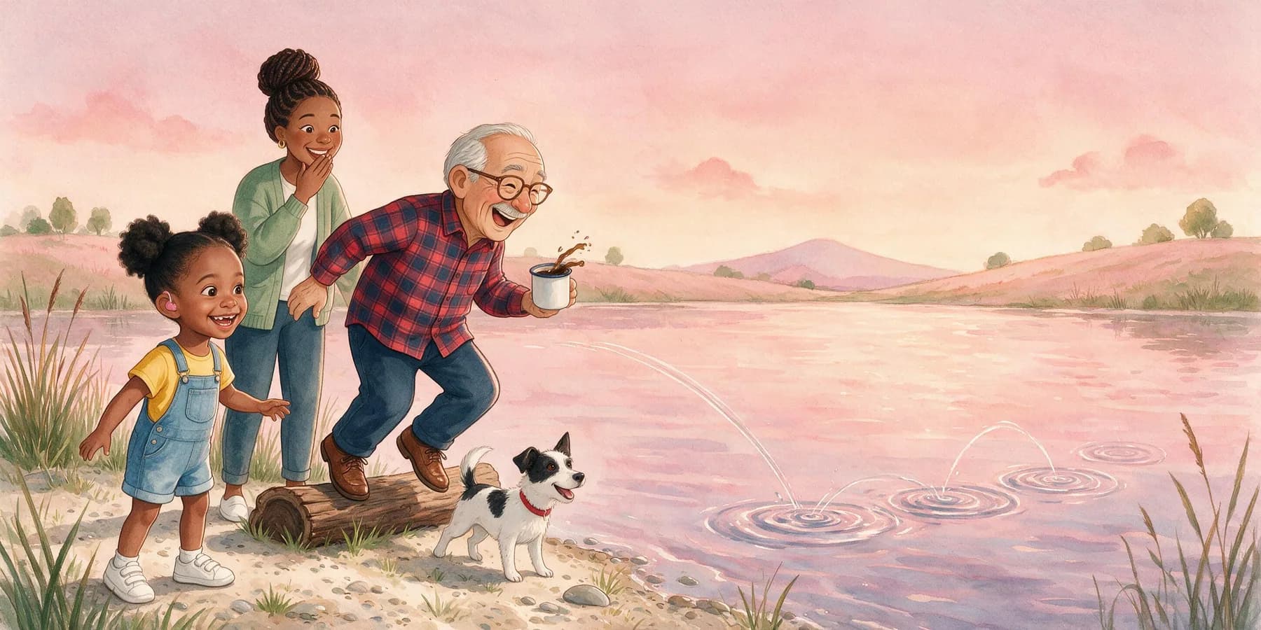The pink lake at sunrise. Amara has just thrown a flat stone: a long line of five small splash rings, each farther out than the last, skips all the way across the calm water. Grandpa Luis jumps up from the log in joy, coffee splashing out of his mug. Mom stands behind with a hand over her mouth, eyes shining. Pepper barks happily.