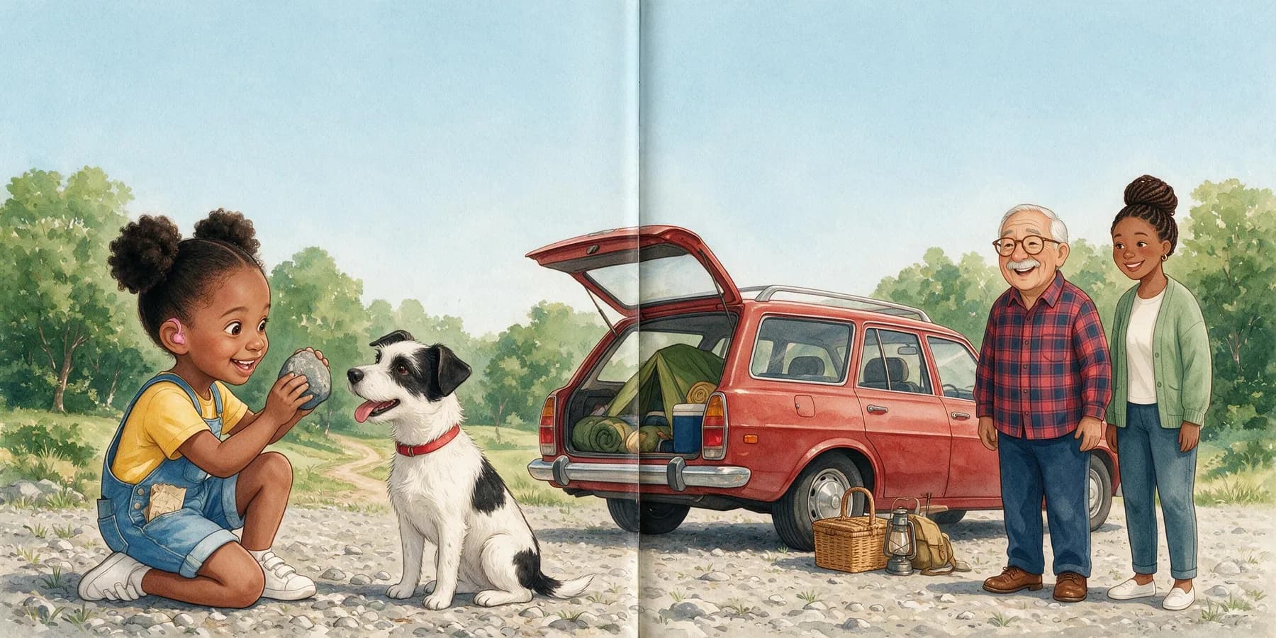 Packing up beside the red car. Amara kneels in front of Pepper, holding up a flat stone to show him, with an old folded paper sticking out of one overall pocket. Grandpa Luis and Mom stand by the car, watching and smiling.