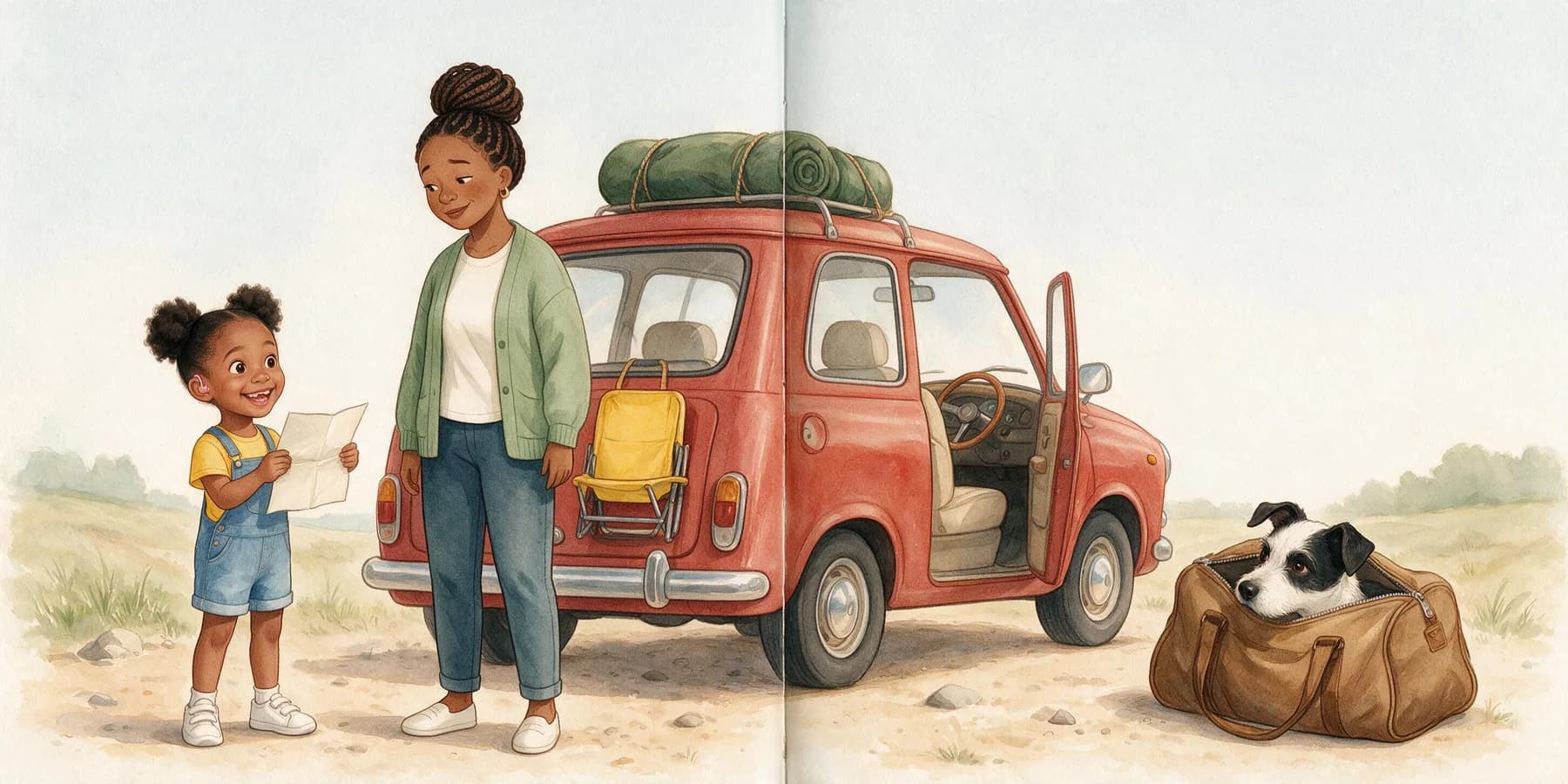 Beside the red car, Amara proudly holds up a folded paper while Mom gently shakes her head. On the ground by the car sits a brown duffel bag with its zipper open a little, and Pepper's nose and one floppy ear poke out of the opening.