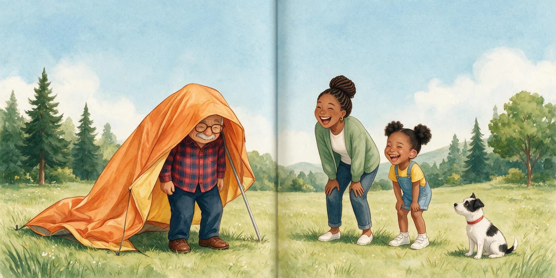 A collapsed orange tent is draped over Grandpa Luis's head and shoulders like a very big orange hat; only his gray mustache and round glasses show under its edge. Mom and Amara double over laughing. Pepper sits nearby with his head tilted.