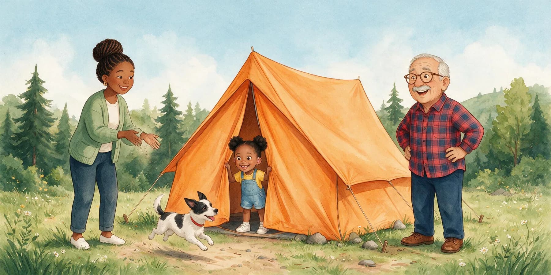 A neatly pitched orange tent. Mom stands beside it dusting off her hands, proud. Grandpa Luis stands with his hands on his hips, surprised and proud. Amara peeks out of the tent door. Pepper runs a lap around the tent.
