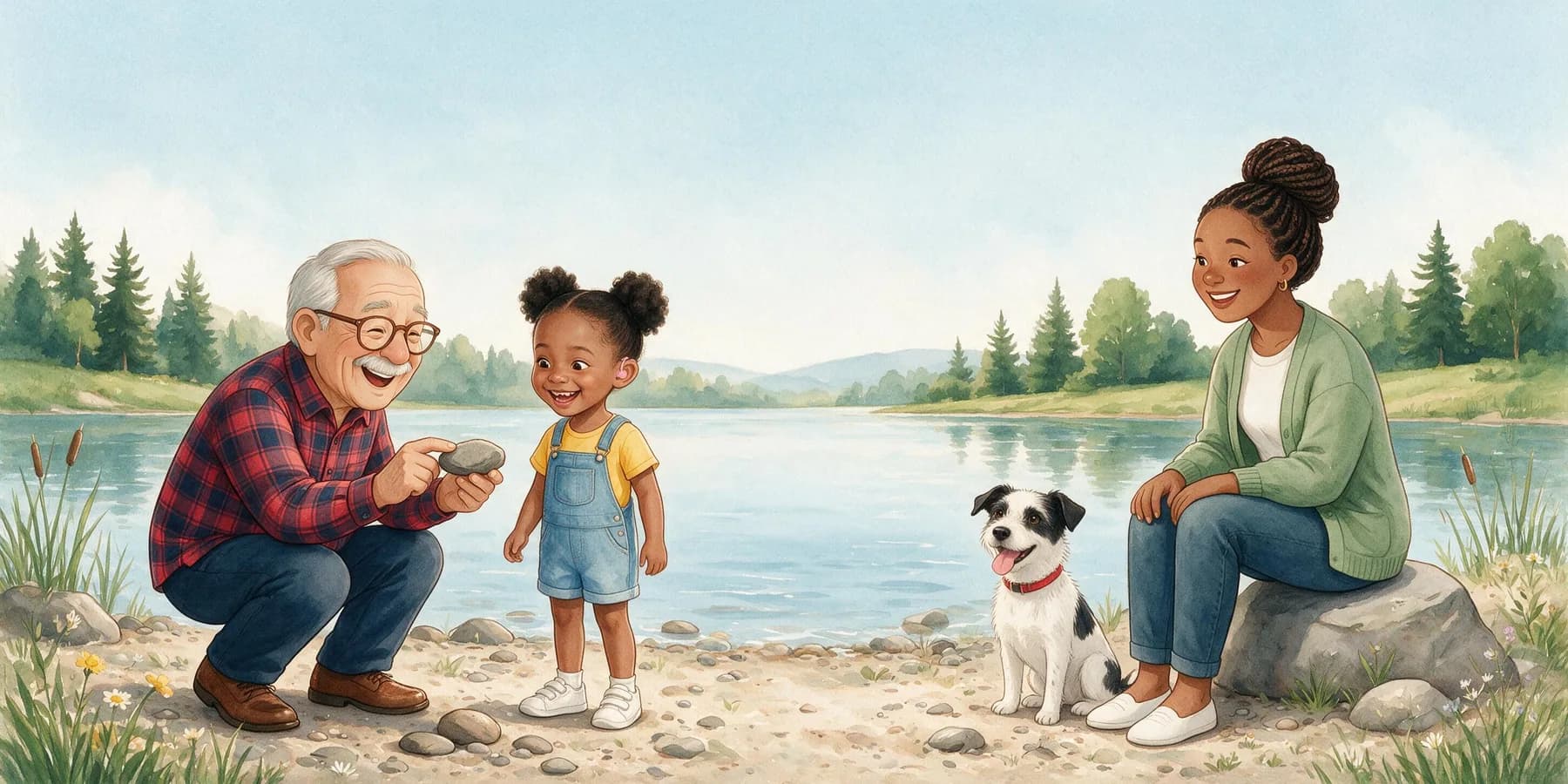 At the lake edge, Grandpa Luis crouches beside Amara, both laughing, as he holds up one flat stone between finger and thumb. Mom sits on a rock nearby, smiling. Pepper sits beside Mom.
