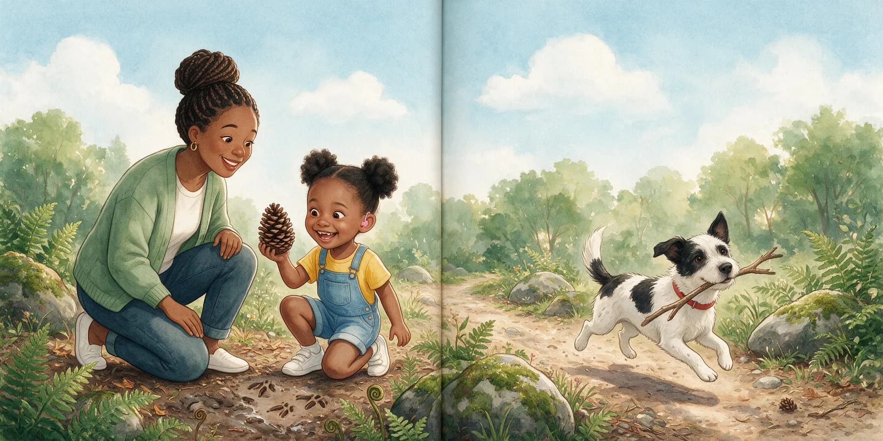 A forest trail with ferns and mossy rocks. Mom and Amara kneel close to the ground, looking at a curled fern and tiny deer footprints in the mud. Amara holds up an enormous pinecone. Pepper trots past proudly carrying a very long stick in his mouth.